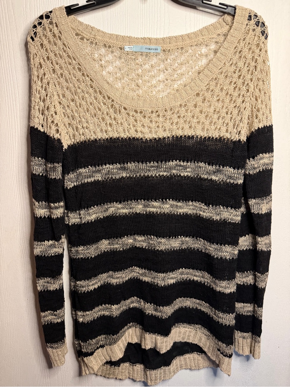 Maurices Black and Beige Striped Open-Knit Crew Sweater